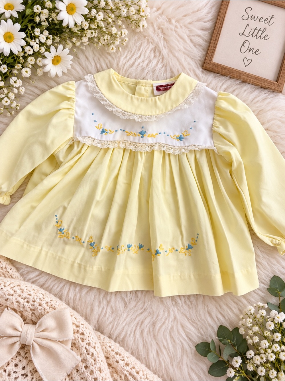 Vintage Michael DeLeon Baby Girl Dress 3-6 Months Yellow Embroidered Lace